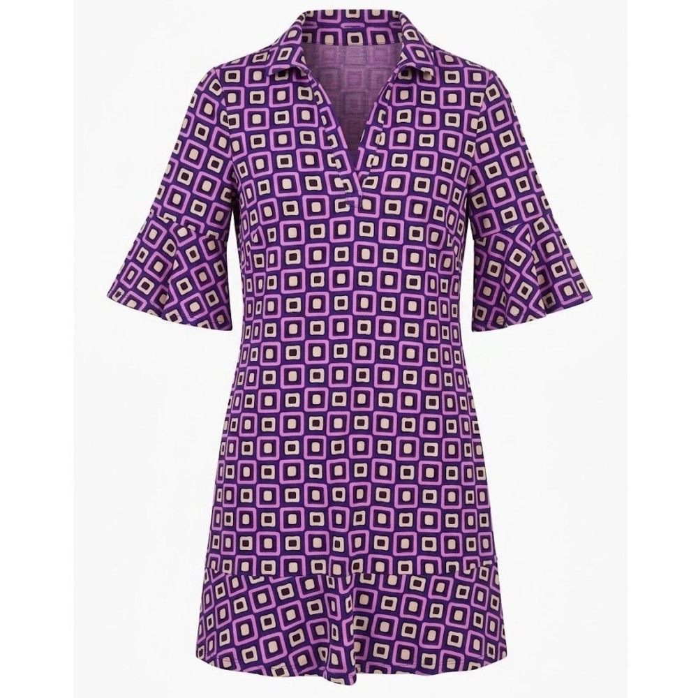 Tyler Boe Purple Geometric Square Print Bell Sleeve Ruffle Hem Shift Dress Small